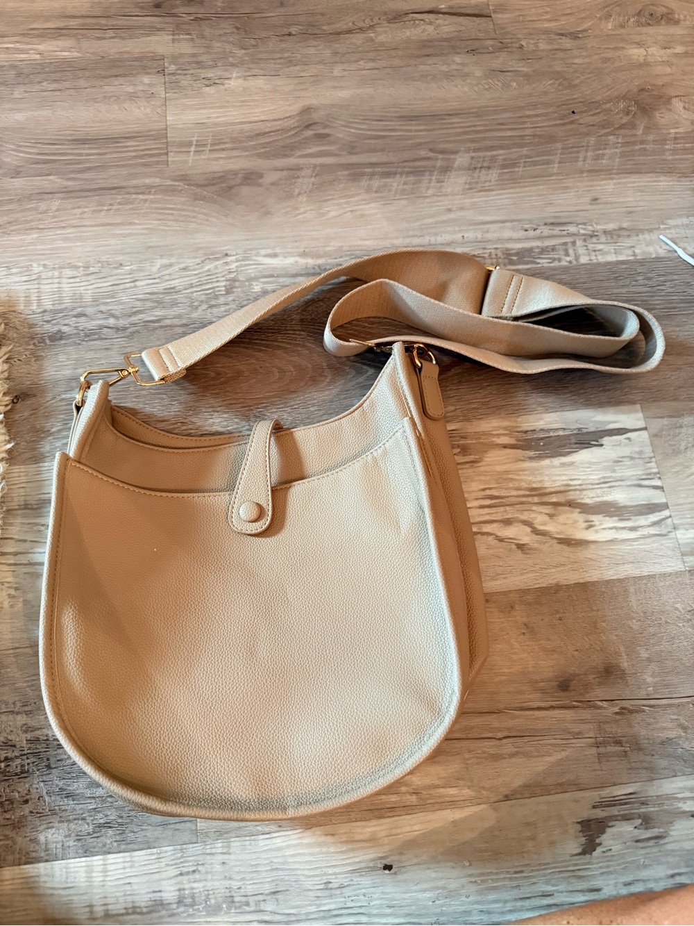ah-dorned Taupe Leather Crossbody Bag with Decorative Strap